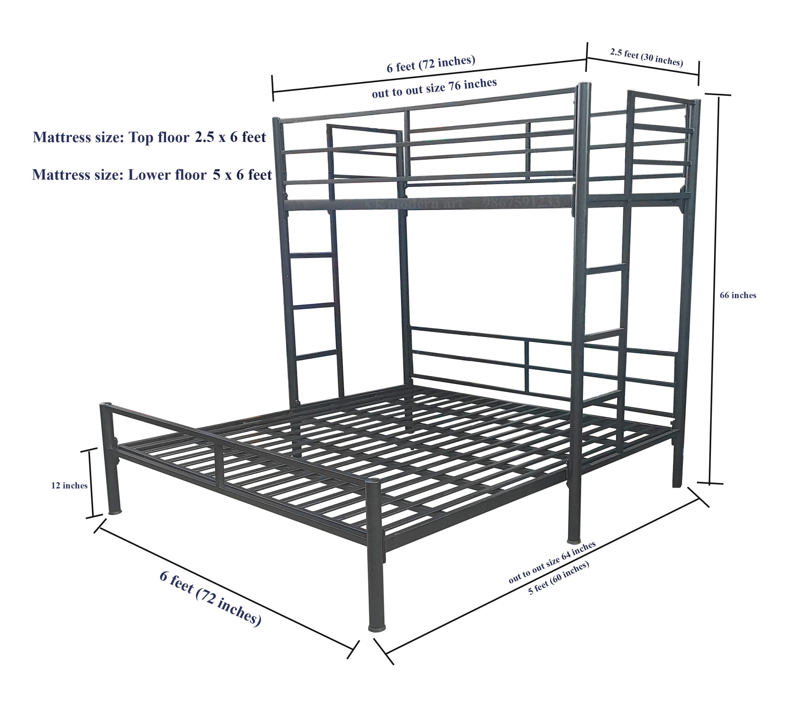 bed bunk size 2.5 x 6 + 5 x 6 feet